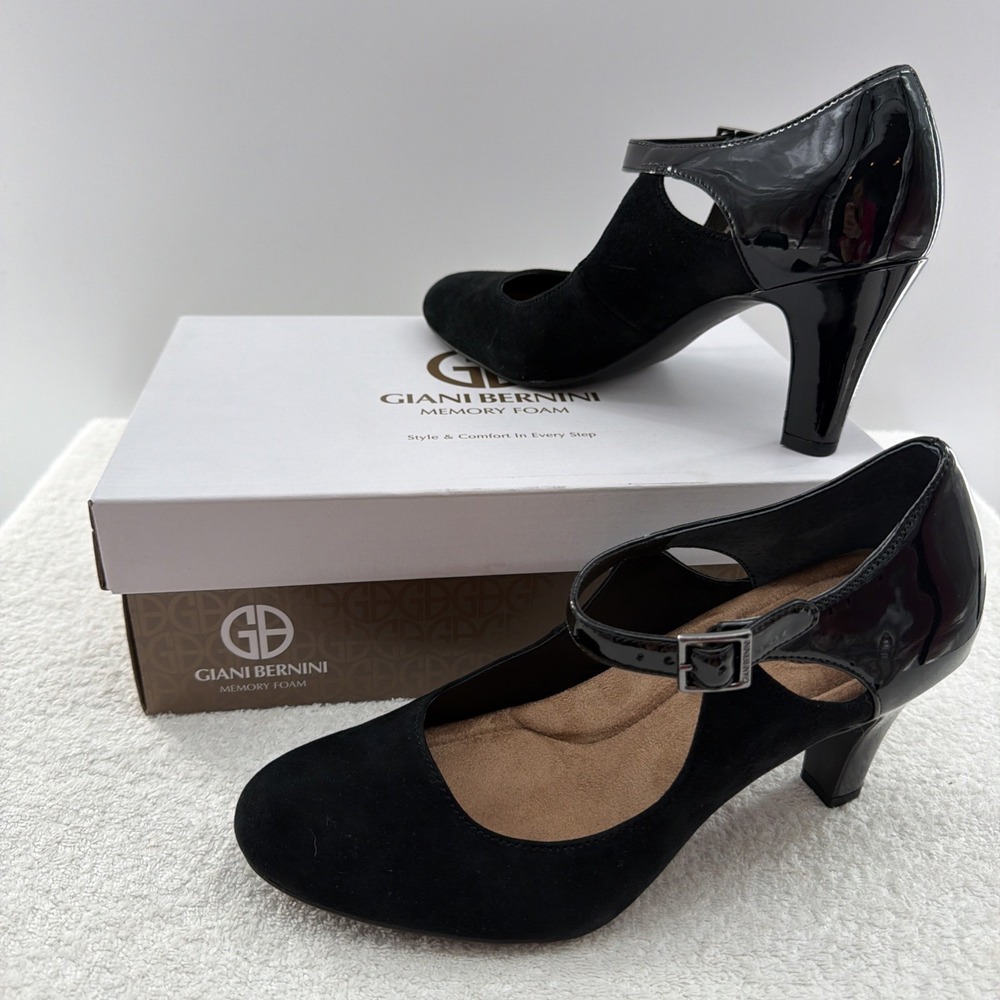 Giani Bernini Black Suede & Patent Leather Ankle Strap Pumps High Heel Shoes 8.5